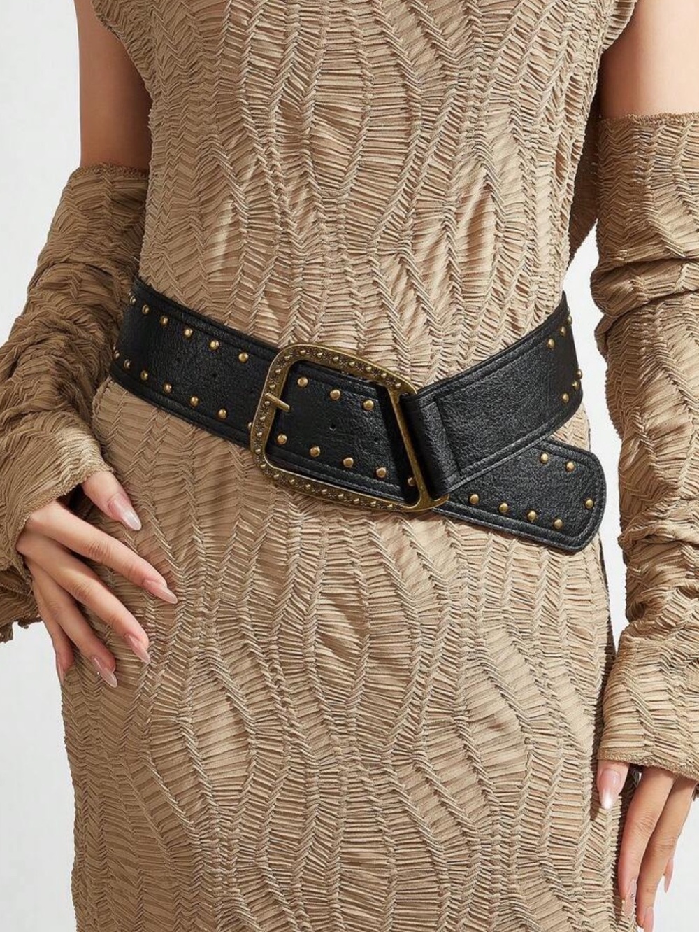 Black Studded Wide Leather Belt with Antique Gold Buckle